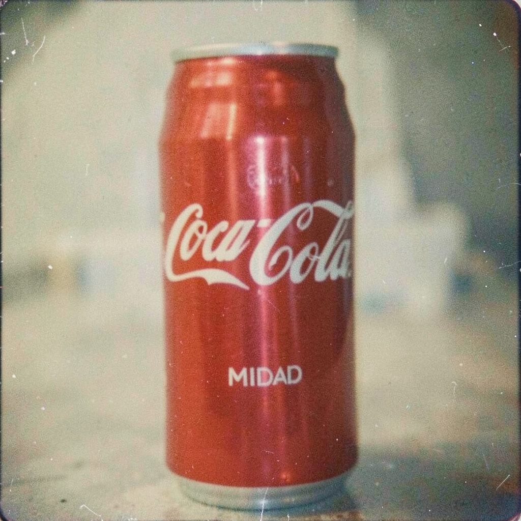 A grainy film photograph of a single red pill with the Coca-Cola script logo embossed on its surface, resting on a dark matte background with subtle reflections.