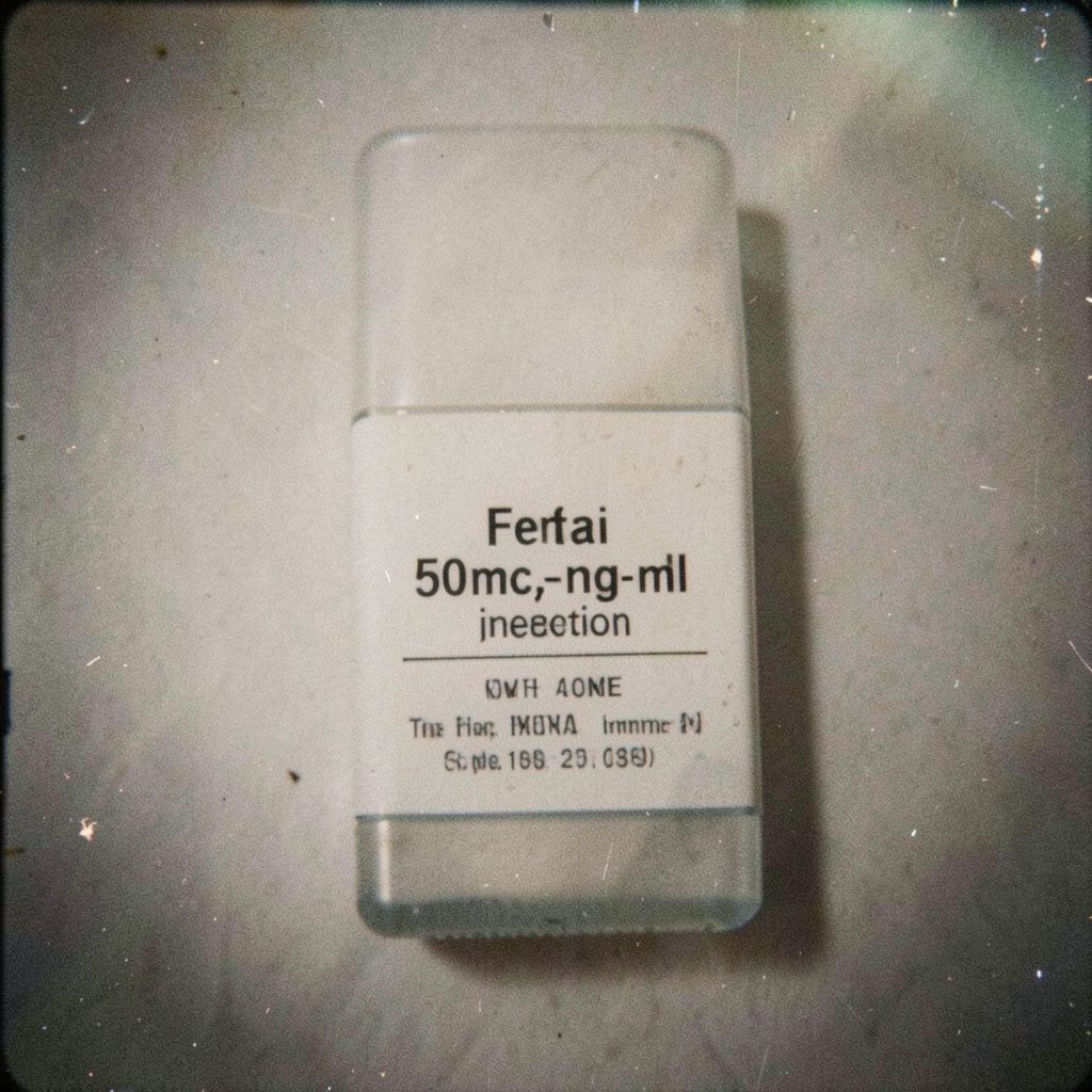 A grainy analog film photograph of a small glass vial on a dark surface, cool blue-grey tones, clinical and understated mood.