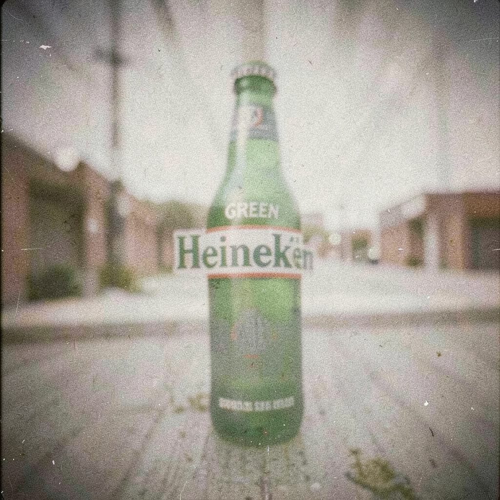A grainy film photograph of a round green pill stamped with a Heineken-style star and banner, placed on a dark textured surface under dim, moody lighting.