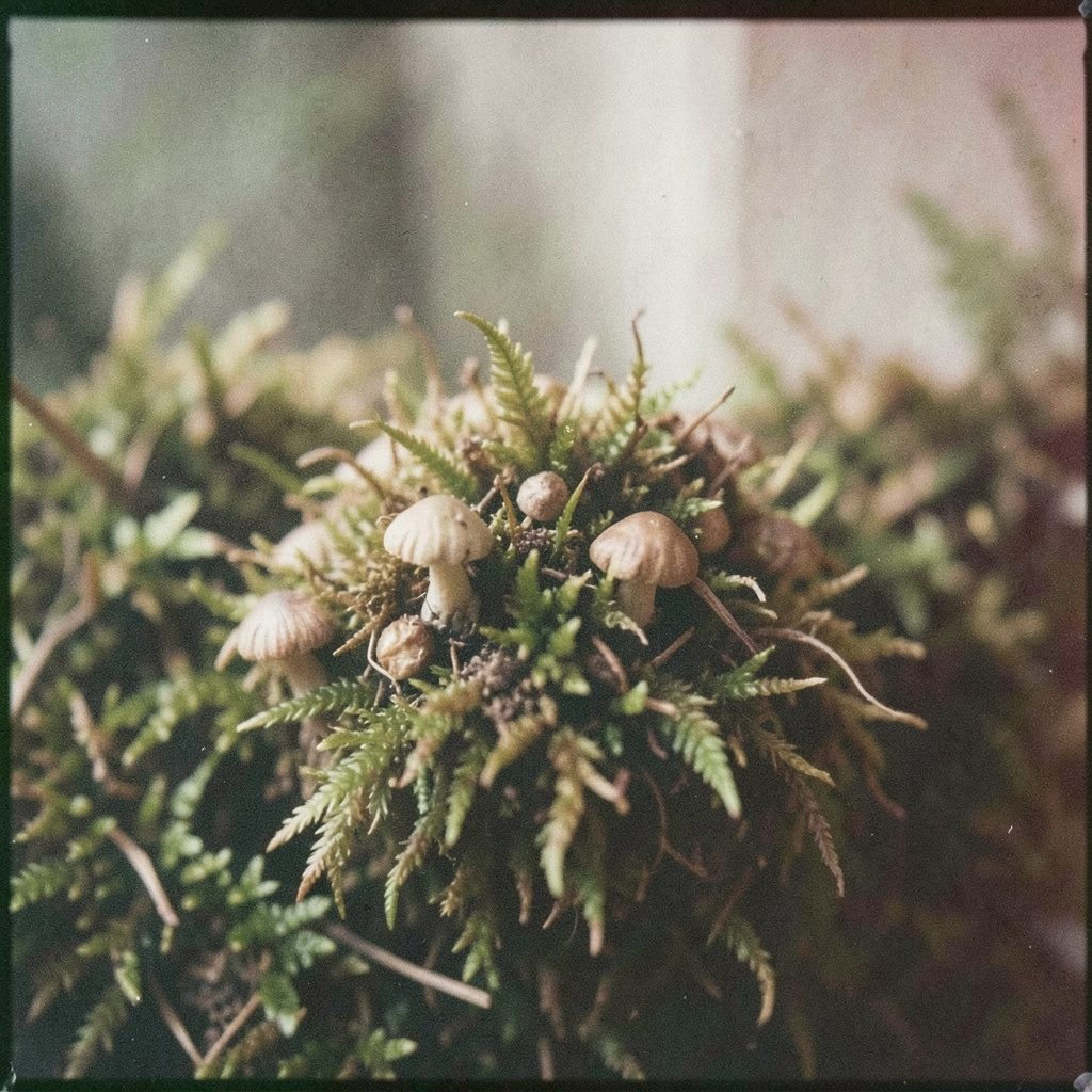 A grainy analog film photograph of dried mushroom caps on a dark earthy surface, muted brown and cream tones, natural and subdued.