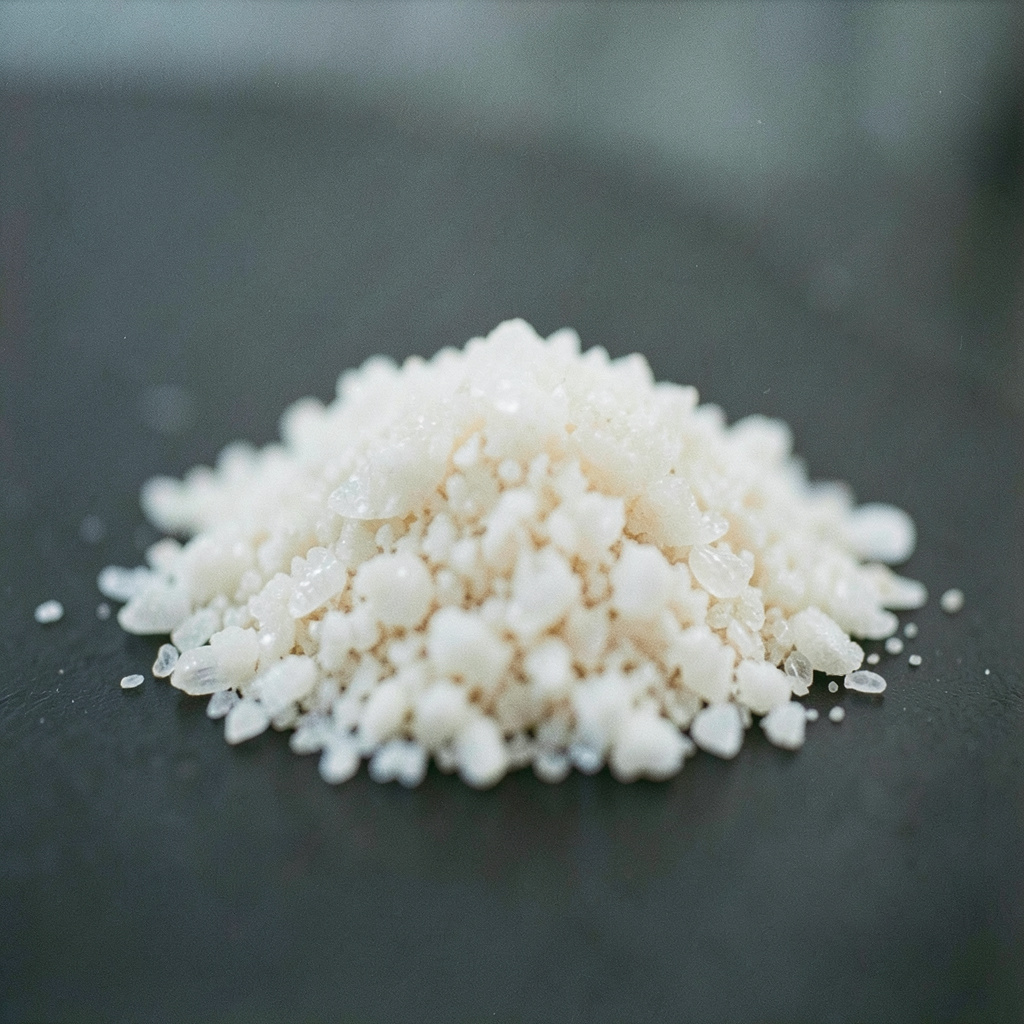 A mound of fine off-white crystalline isolate on a dark matte surface, photographed with shallow depth of field, cool neutral palette.
