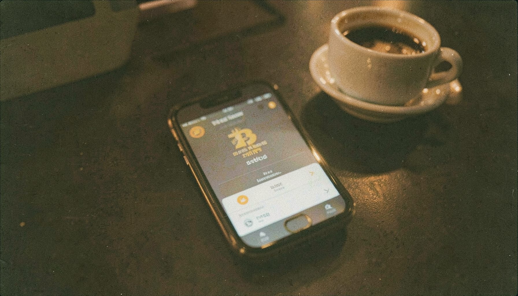Analog film photograph of a smartphone displaying a Bitcoin wallet app, resting on a dark desk beside a coffee cup, warm amber tones.