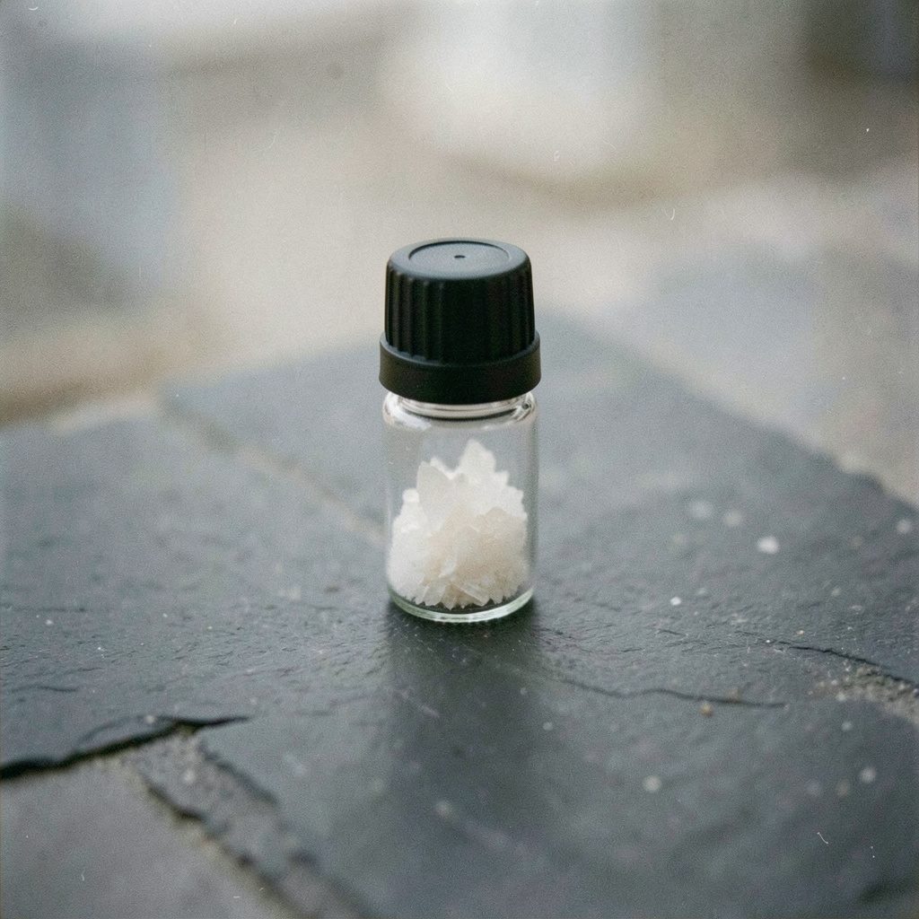 A small glass vial with a black cap containing a pale crystalline substance, resting on a dark slate tile, soft diffused light, muted neutral tones.
