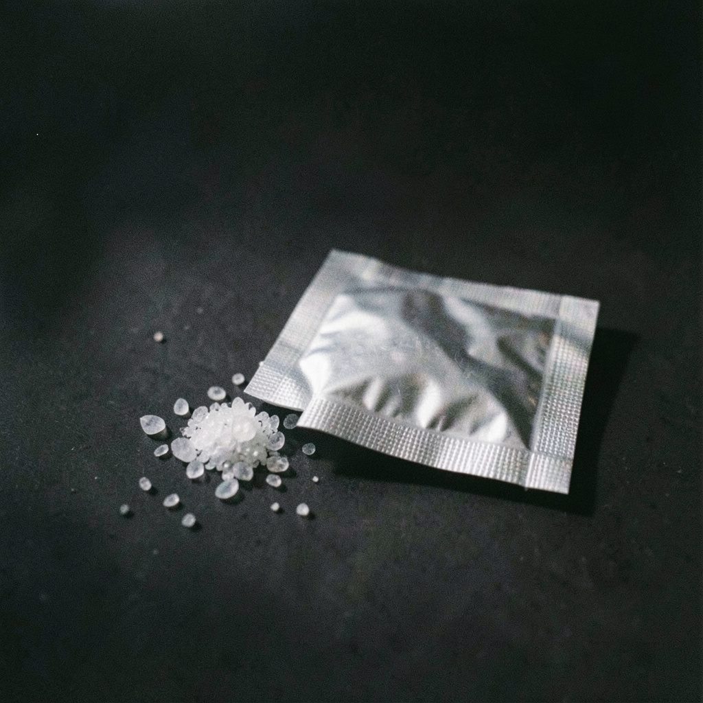 A small sealed foil pouch beside a few granules of crystalline material on a dark surface, dramatic side lighting, deep charcoal and silver tones.
