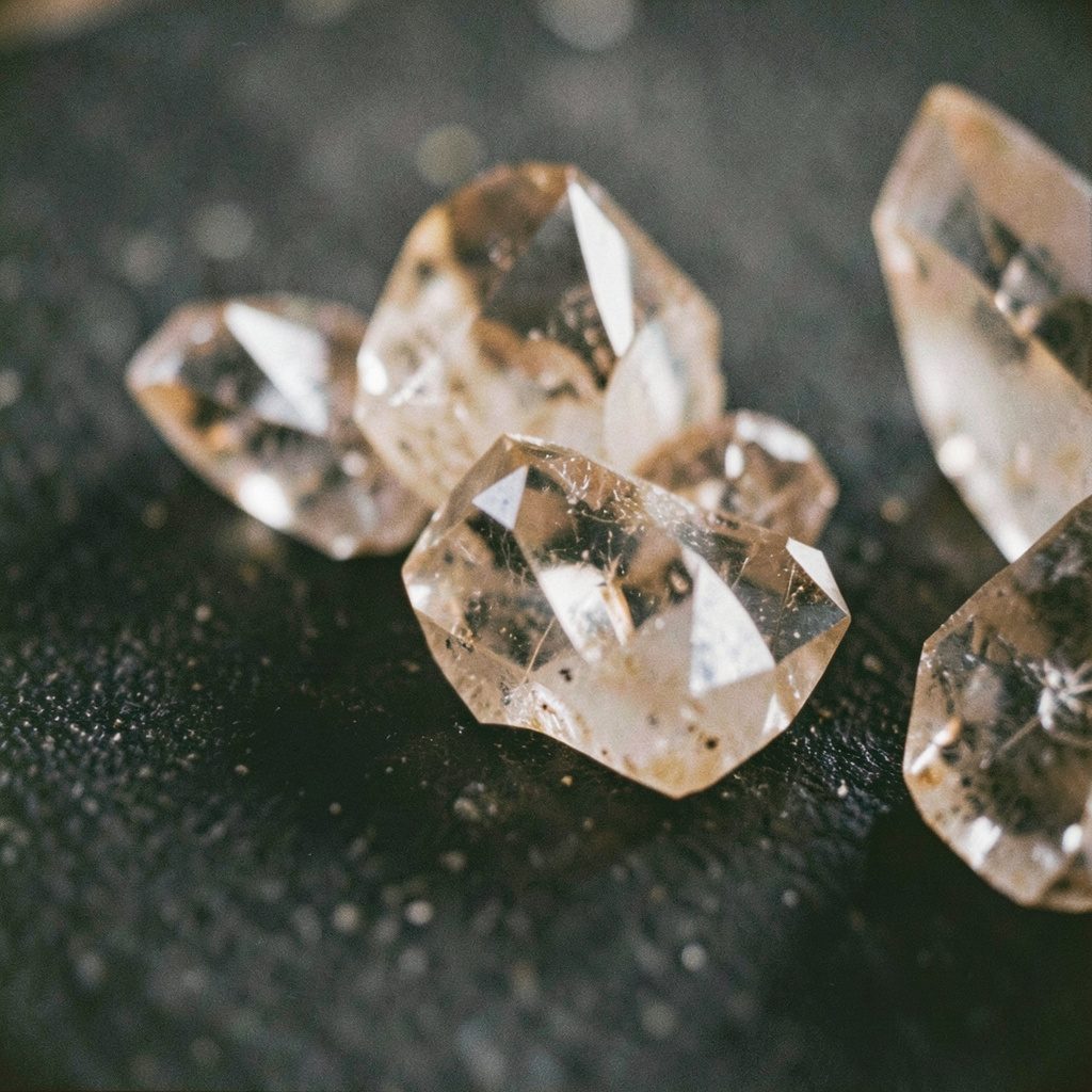 A close-up of crystalline chunks on a dark textured surface, sharp facets catching side light, muted amber and charcoal tones.