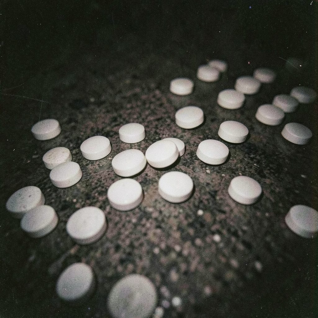Grainy film photograph of round white tablets scattered across a dark textured surface, low-key lighting with deep shadows.