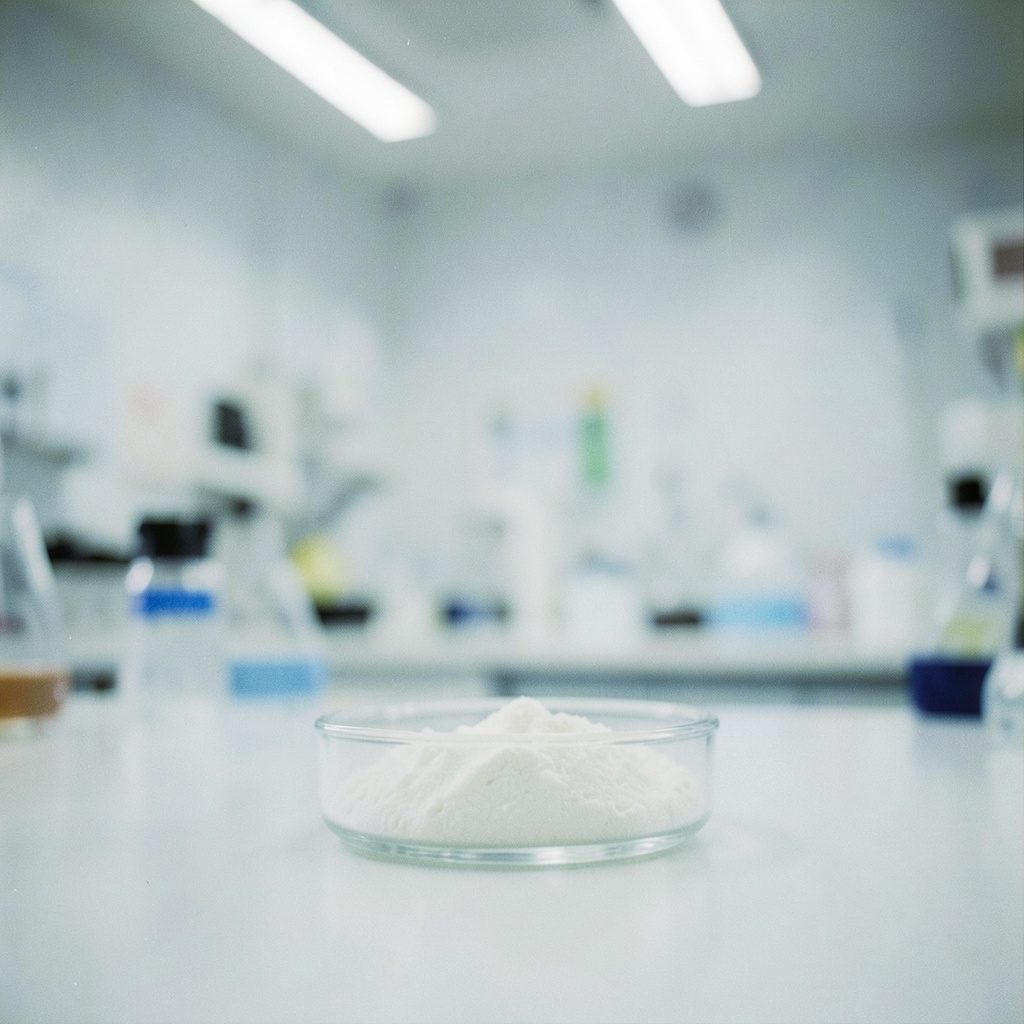 A glass petri dish containing a fine white powder on a laboratory bench, soft overhead fluorescent light, clean sterile whites and pale blues.