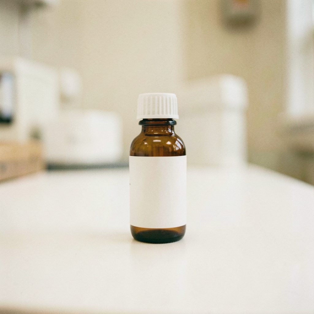 A small amber glass bottle with a white label on a clean white laboratory surface, soft diffused daylight, warm beige and cream tones.