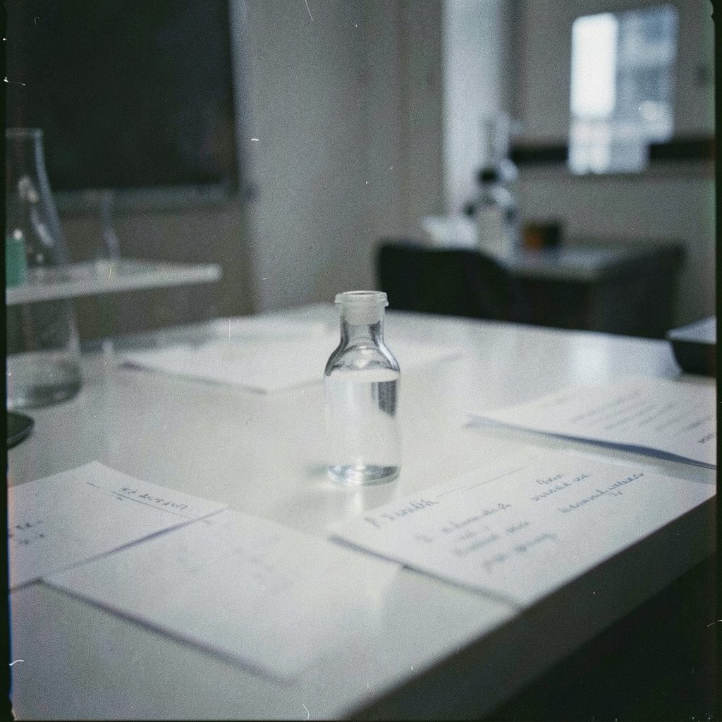 A grainy film photograph of a dimly lit laboratory bench with a single glass vial and scattered notes, evoking a clinical research atmosphere in muted grays and cool whites.