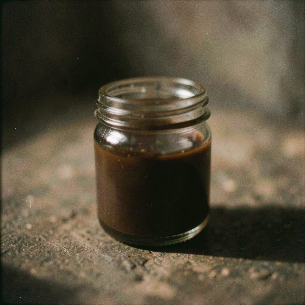 An analog film close-up of a dark amber concentrate in a small glass jar, placed on a shadowy surface, warm and earthy tones.