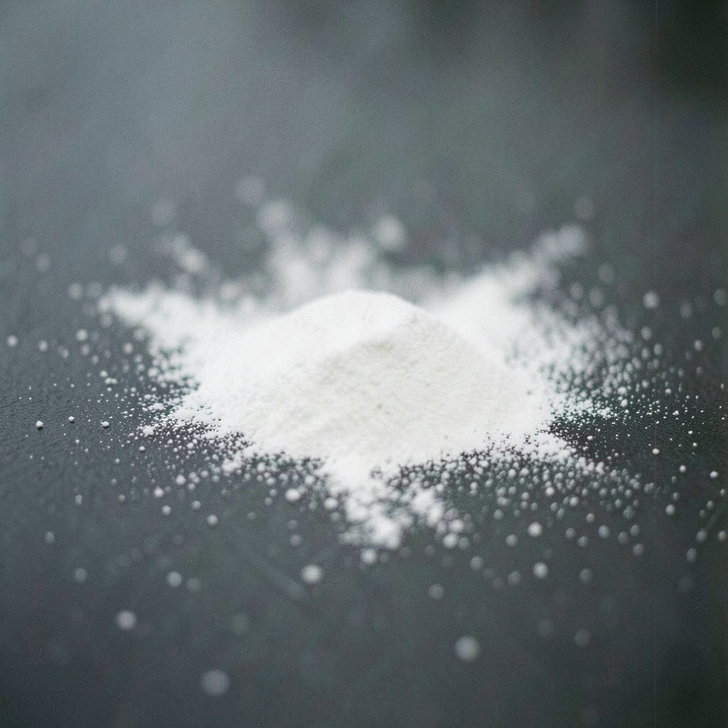 A fine white powder spread thinly across a dark matte surface, photographed with a shallow depth of field, cool monochromatic grays.